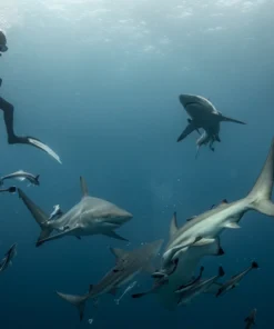 Aliwal Shoal Scuba Divers Diving Amongst Sharks